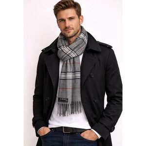 V. Fraas Cashmink Scarf Grey Plaid Made in Germany Soft Acrylic Fringe Unisex